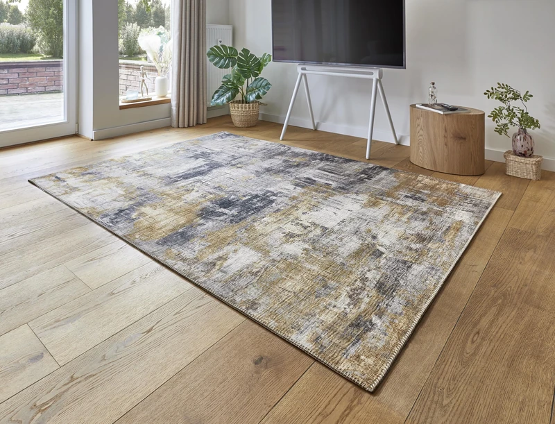 -LUXOR- living Prima Living Room Rug in Vintage Design - Living Room Rug Short Pile Digital Print in Timeless Design Grey/Yellow 160 x 230 cm