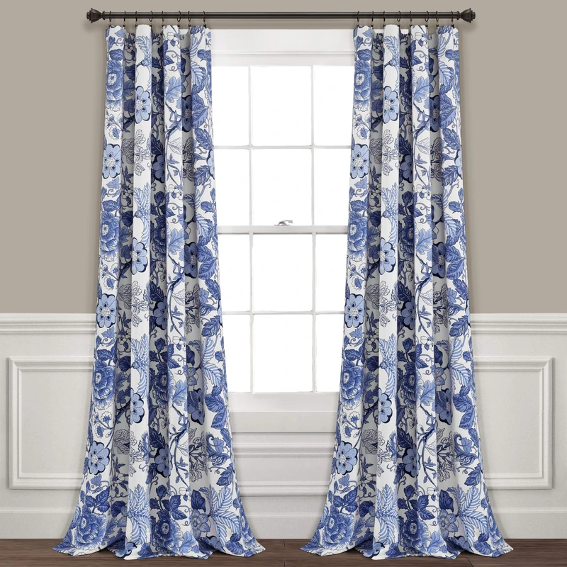 Lush Decor Navy White Sydney Curtains | Floral Garden Room Darkening Window Panel Set for Living, Dining, Bedroom (Pair), 84” Long x 52” Wide, L