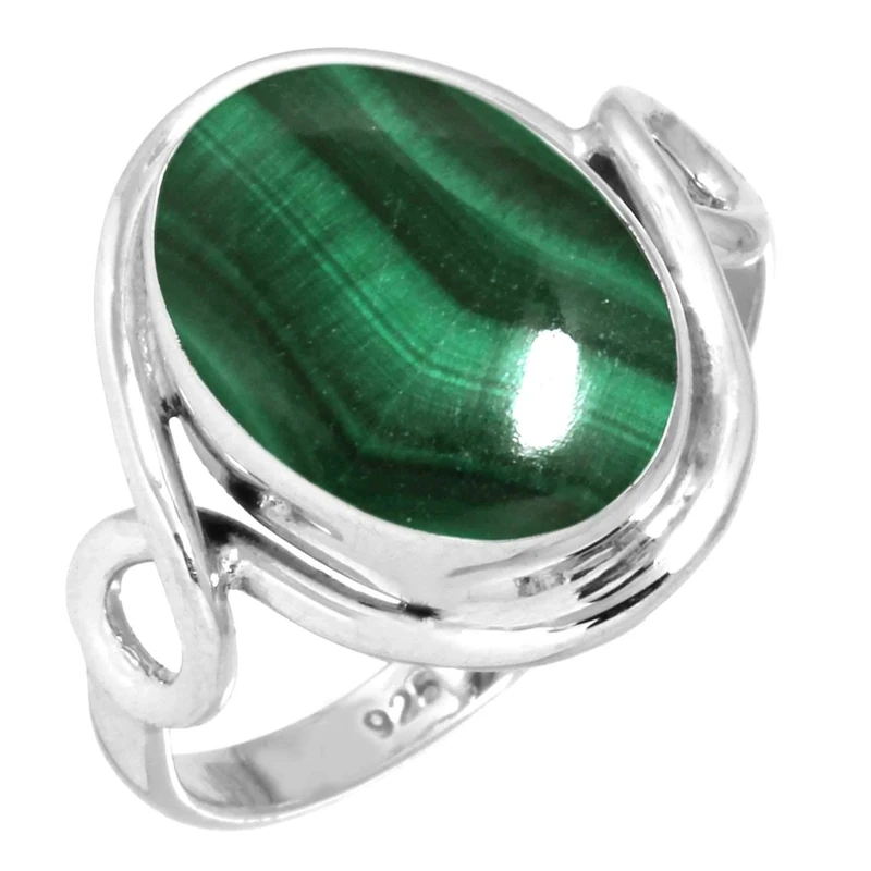Jeweloporium Green Malachite Silver Ring Size T, 925 Sterling Silver Ring for Women, Genuine Oval Gemstone Handmade Jewellery