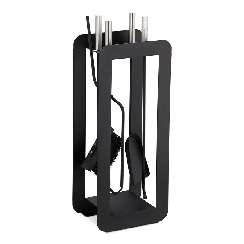 Relaxdays 5-Piece Fireplace Companion Tool Set with Shovel, Broom, Poker, Tongs & Holder, Modern Design, Black