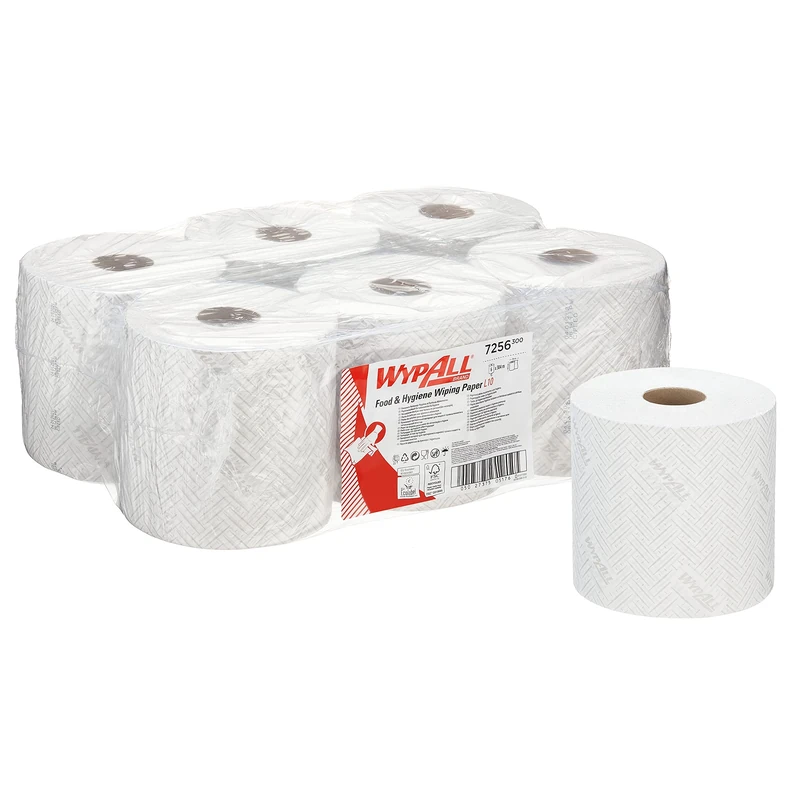 WypAll L10 Food & Hygiene Wiping Paper 7256-1 Ply White Cleaning Wipes - 6 Centrefeed Rolls x 800 Paper Wipes (4,800 total)