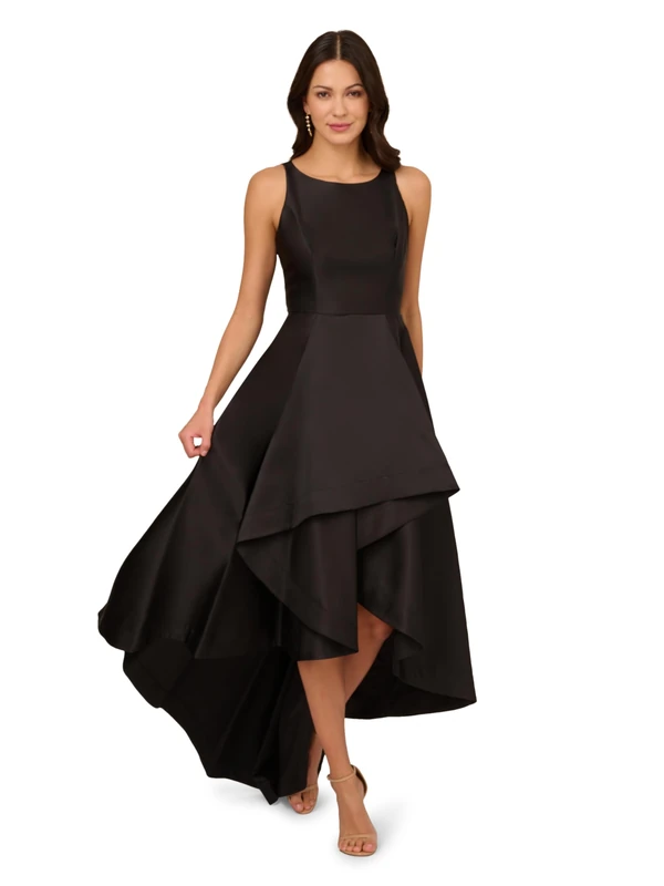 Adrianna Papell Womens Black Sleeveless Jewel Neck Maxi Hi-Lo Evening Dress UK Size:16