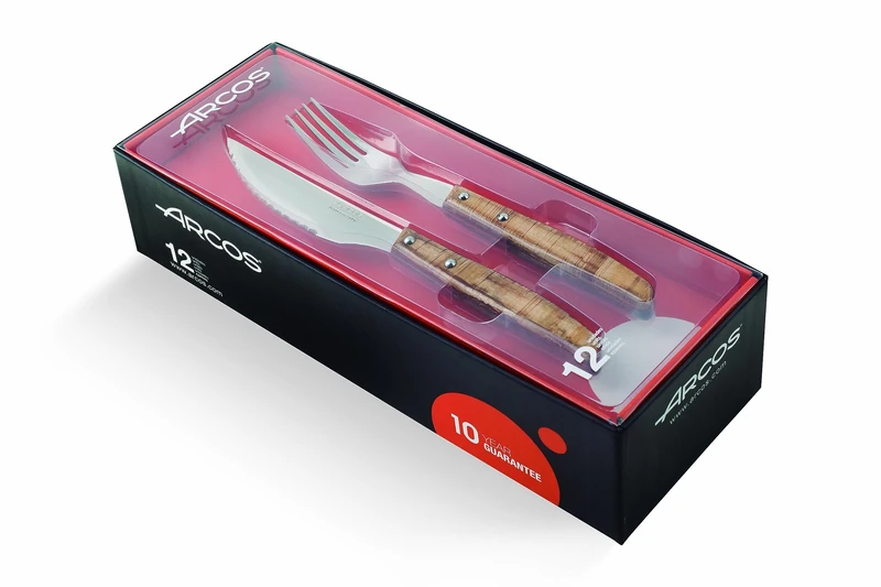 ARCOS Steak Set 12 pieces Nitrum Stainless Steel and - mm blade,Pocket Knife Pack with Pearl Edge for Cutting and Fillet Meat, Ergonomic Polyoxymethylene POM Handle, Series Mesa, Color Brown