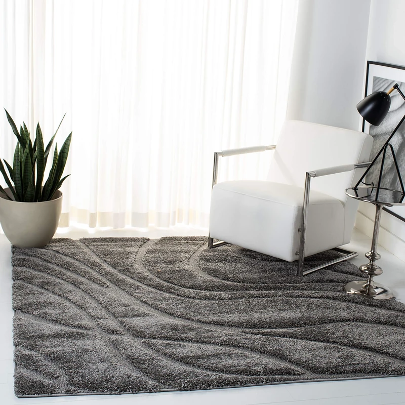 Safavieh Florida Shag Collection Shaggy Rug for Living Room, Dining Room, Bedroom, High Pile, Grey and Grey, 48 x 48 Inch