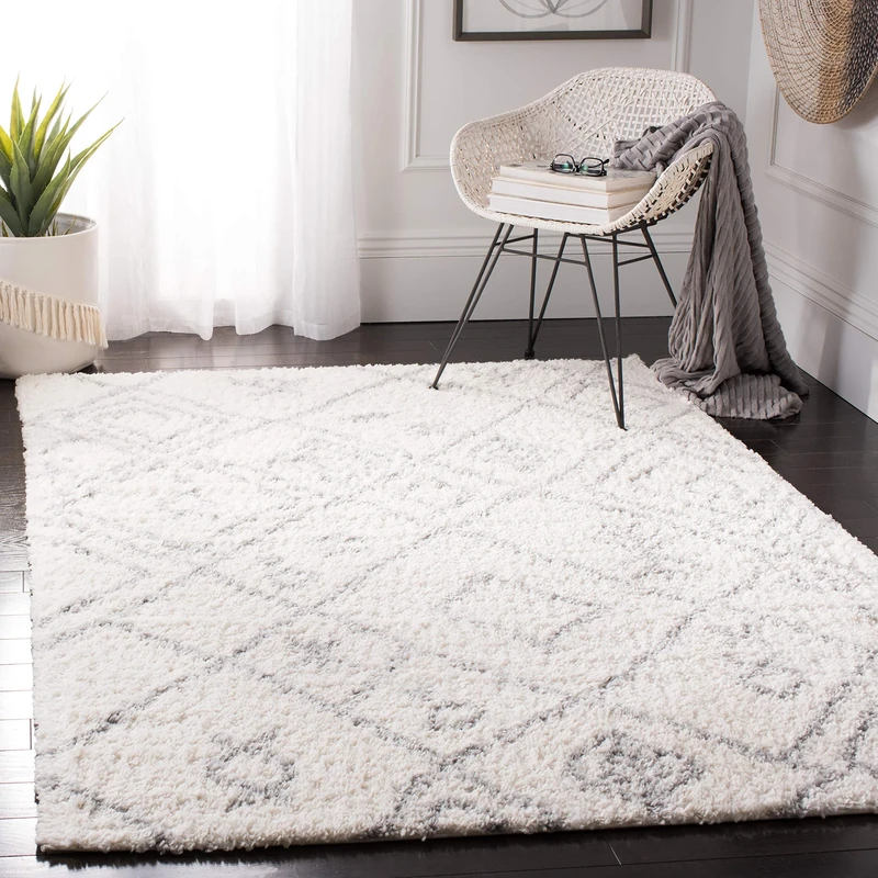 Safavieh Shaggy Indoor Woven Rectangle Area Rug, Parma Shag Collection, PMA583, in Cream/Grey, 183 x 274 cm for Living Room, Bedroom or Any Indoor Space