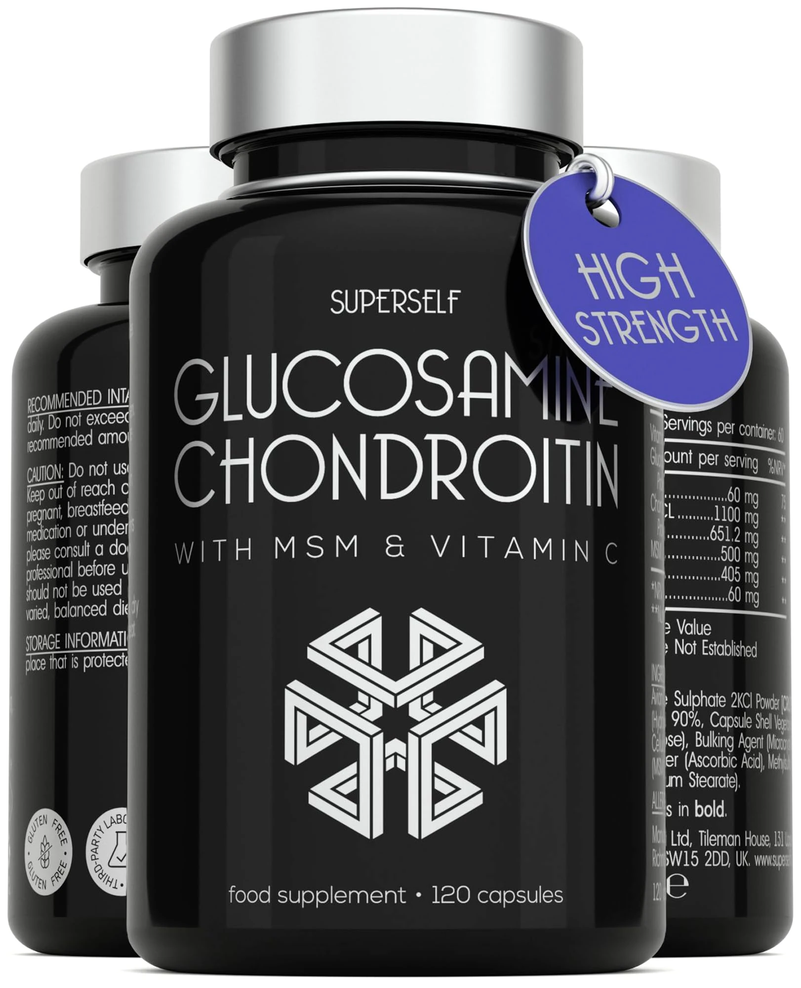 Glucosamine and Chondroitin High Strength - 1720mg Glucosamine Sulphate with Chondroitin MSM Vitamin C - 120 Capsules - Combination Joint Care Supplements for Men & Women - Collagen Formation Complex