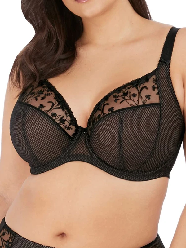 Elomi Women's Charley Embroidered Underwire Plunge Bra, Jet, 42DD - Image 1