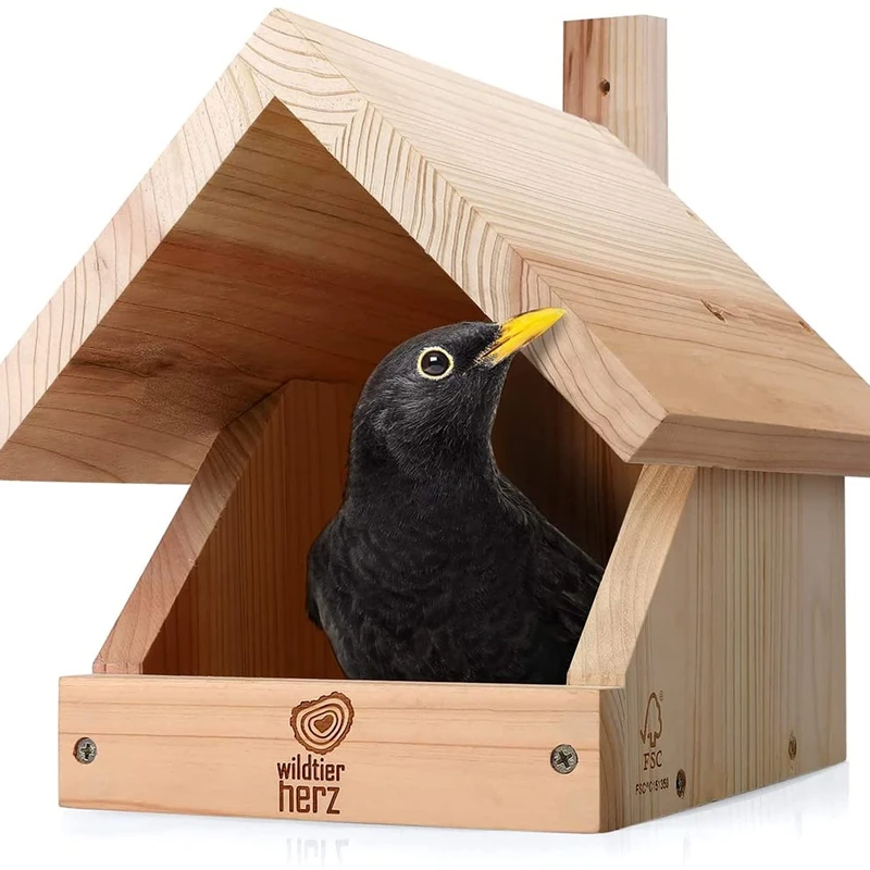 wildtier herz I Blackbird nesting box made of screwed solid wood - weatherproof & untreated, bird house for half-cave breeders, half-cave for robins & Co.