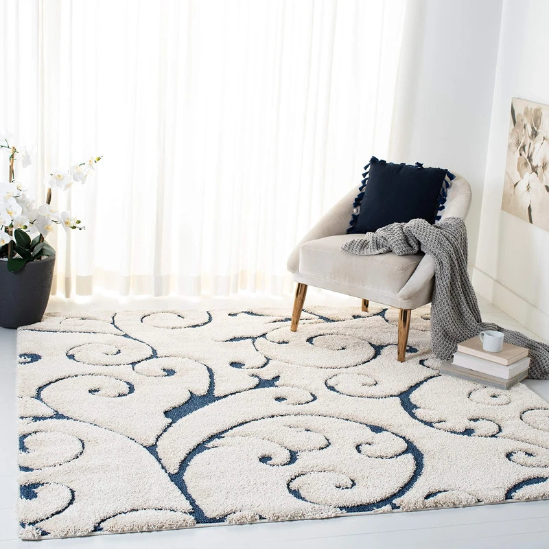 Safavieh Florida Shag Collection Area Rug - 4' Square, Cream & Blue, Scroll Design, Non-Shedding & Easy Care, 1.2-inch Thick Ideal for High Traffic Areas in Living Room, Bedroom (SG455-1165)