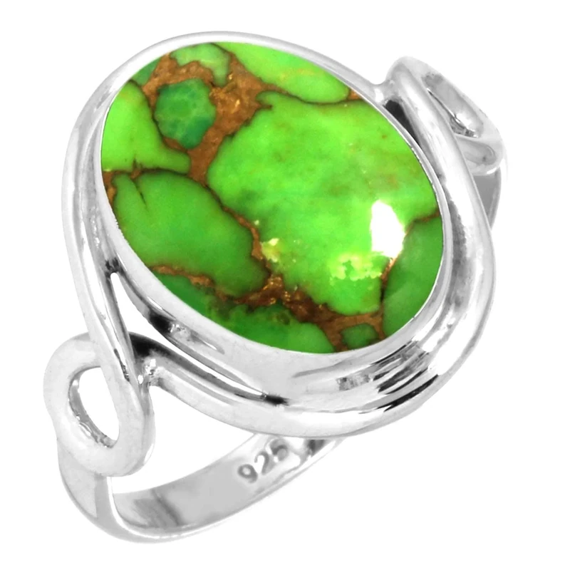 Jeweloporium Copper Green Turquoise Silver Ring Size T, 925 Sterling Silver Ring for Women, Oval Gemstone Handmade Jewellery