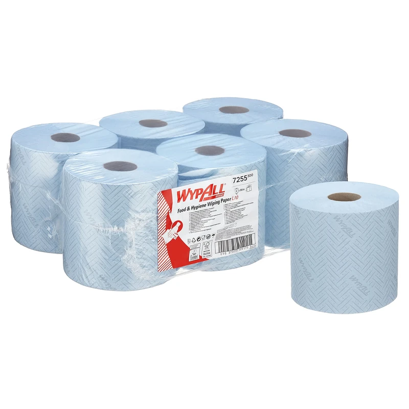 WypAll L10 Food & Hygiene Wiping Paper 7255-1 Ply Centrefeed Blue Roll - 6 Centrefeed Rolls x 800 Paper Wipes (4,800 Total)