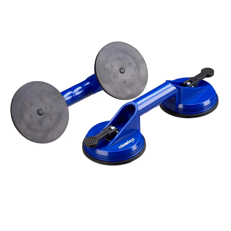 Relaxdays Double Suction Cups Set of 2, Heavy Duty Glass Lifting, Vacuum Pads, Transport Handle, 80 kg, Ø 12 cm, Blue