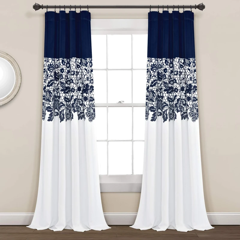 Lush Decor Navy Estate Garden Print Curtains Room Darkening Window Panel Set for Living, Dining, Bedroom (Pair), 95” Long x 52” Wide, 95" x 52"