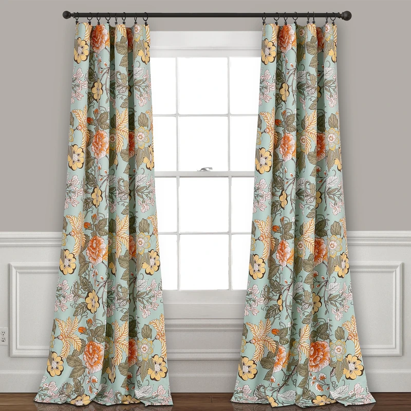 Lush Decor Blue and Green Sydney Curtains | Floral Garden Room Darkening Window Panel Set for Living, Dining, Bedroom (Pair), 108” Long x 52” Wide, L, Blue & Green