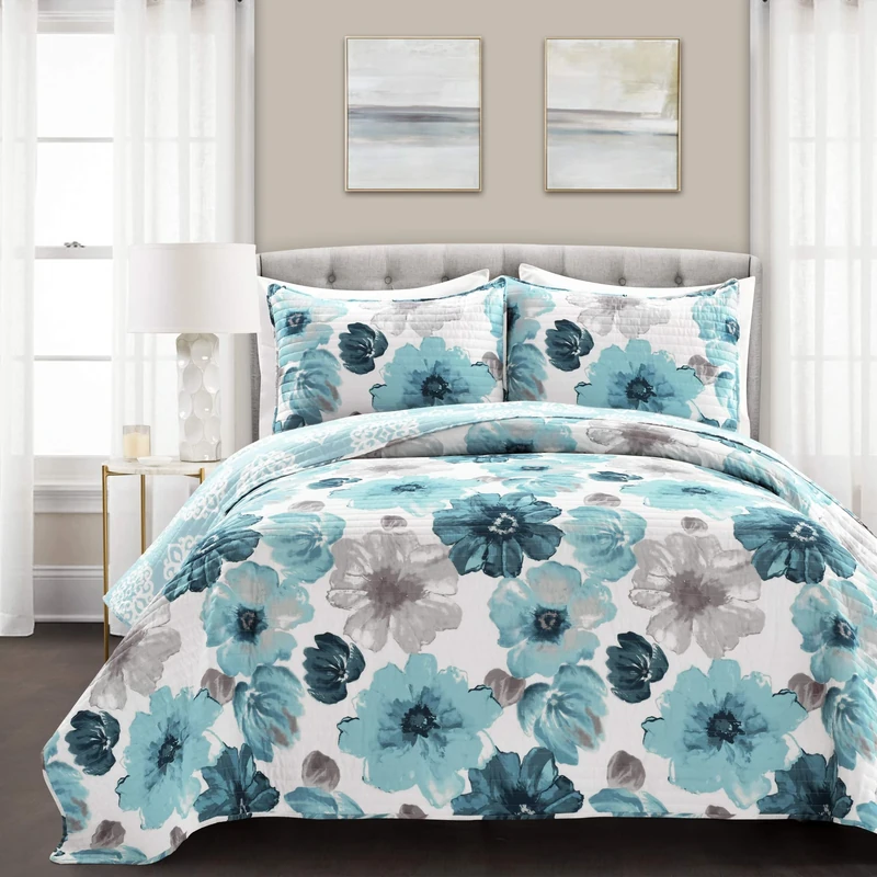 Lush Decor Leah Quilt Floral Piece Reversible, Cotton, Blue, Full Queen