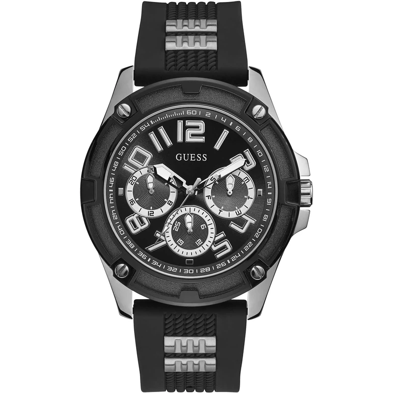 GUESS Watch, Silver-Tone/Black, One Size, Quartz Watch