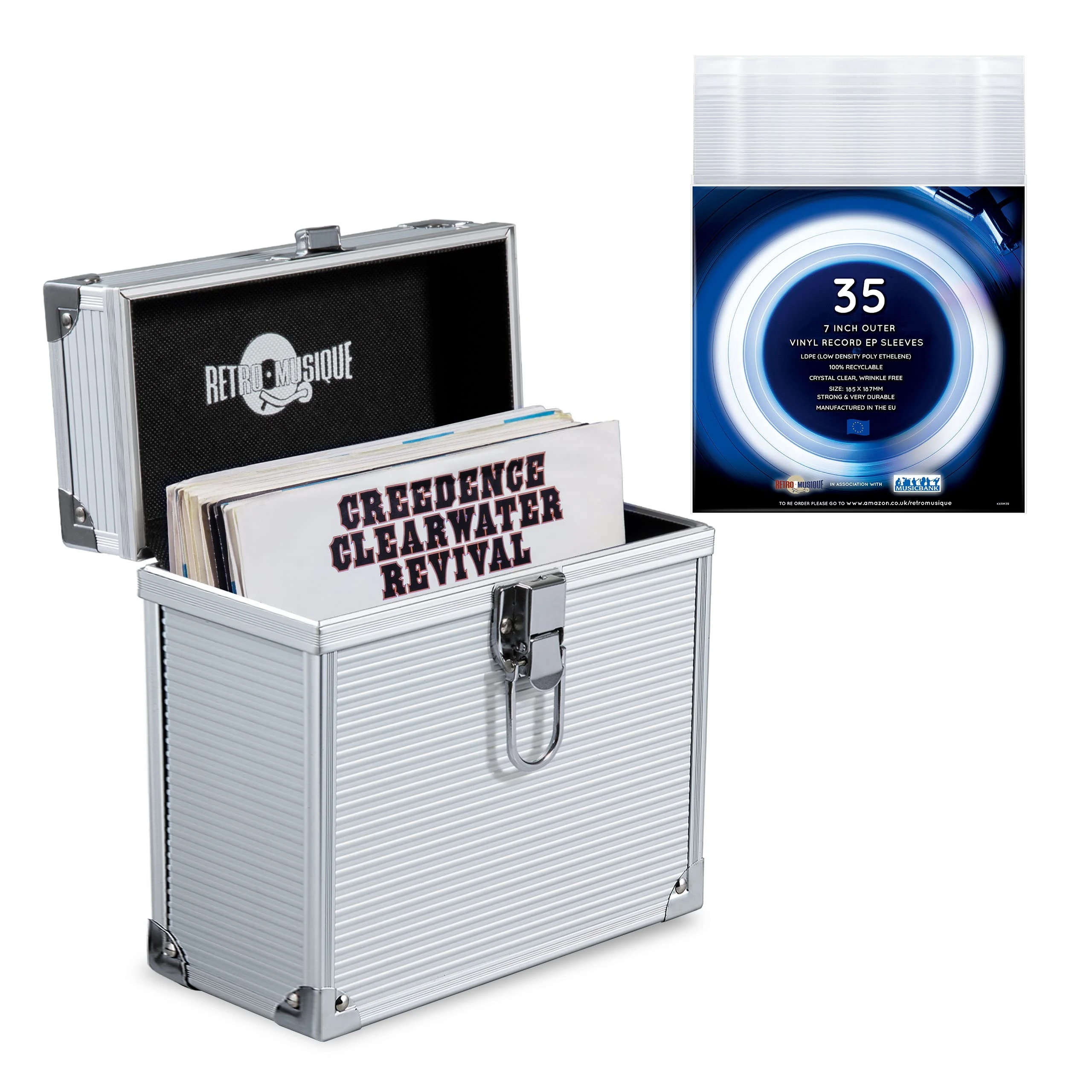 Retro musique Aluminium 7" Vinyl Record EP Storage Case Holds up to 35 EPs (in PVC Sleeves) Includes 35 Vinyl Record Outer Sleeves (Sliver)