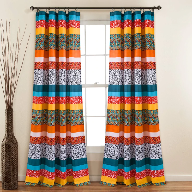 Lush Decor Boho Stripe Window Curtain Bohemian Geomatric Floral Design Panel Pair, 52" W x 84" L, Turquoise & Tangerine