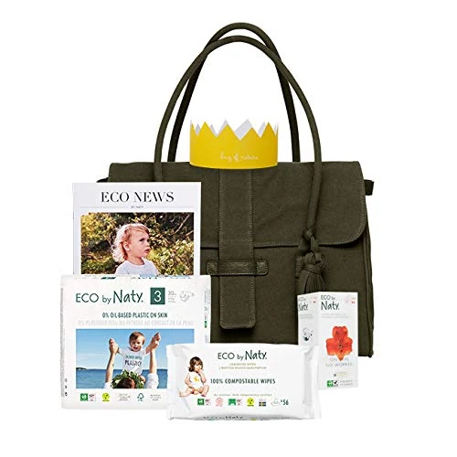 Eco by Naty Nappy Bag Green, Made of GOTS Certified Organic Cotton, Magnetic Closure, Includes Nappies Size 3 and Unscented Wipes