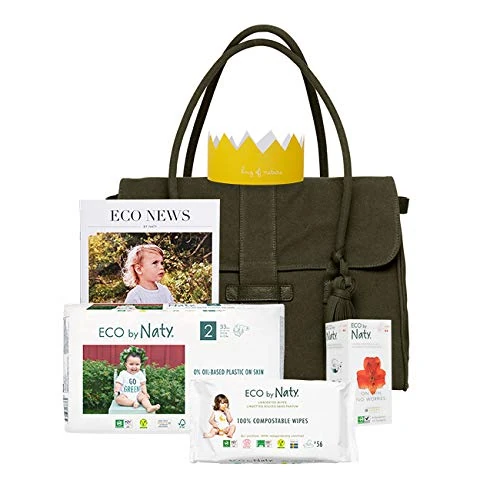 Eco by Naty Nappy Bag Green, Made of GOTS Certified Organic Cotton, Magnetic Closure, Includes Nappies Size 2 and Unscented Wipes