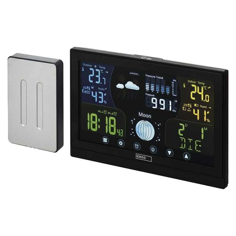 EMOS - Wireless weather station with outdoor sensor - touchscreen colour display, thermometer, hygrometer, barometer, weather forecast - DCF radio clock - 13 functions - incl. power supply, wall/desk