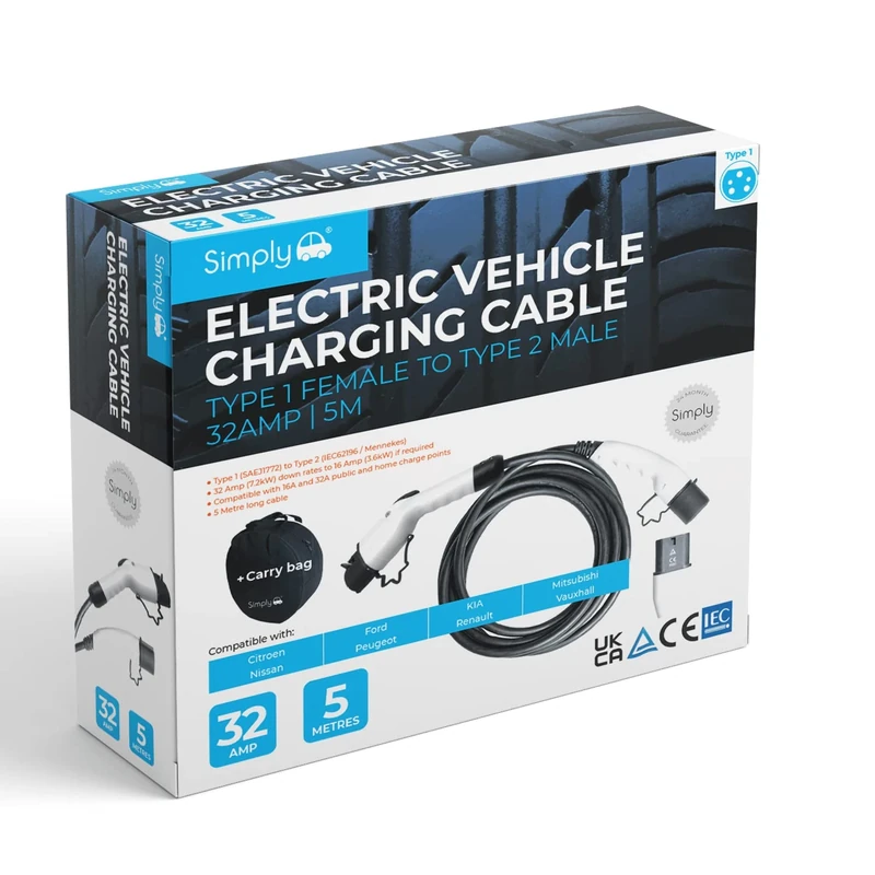 Simply Auto EV001 Electric Vehicle Fast-Charging, Lightweight, Durable and Flexible Cable - Type 1 to Type 2-32AMP - 5m for Citroen, Nissan, Ford, Peugeot, Kia, Renault, Mitsubishi, Vauxhall