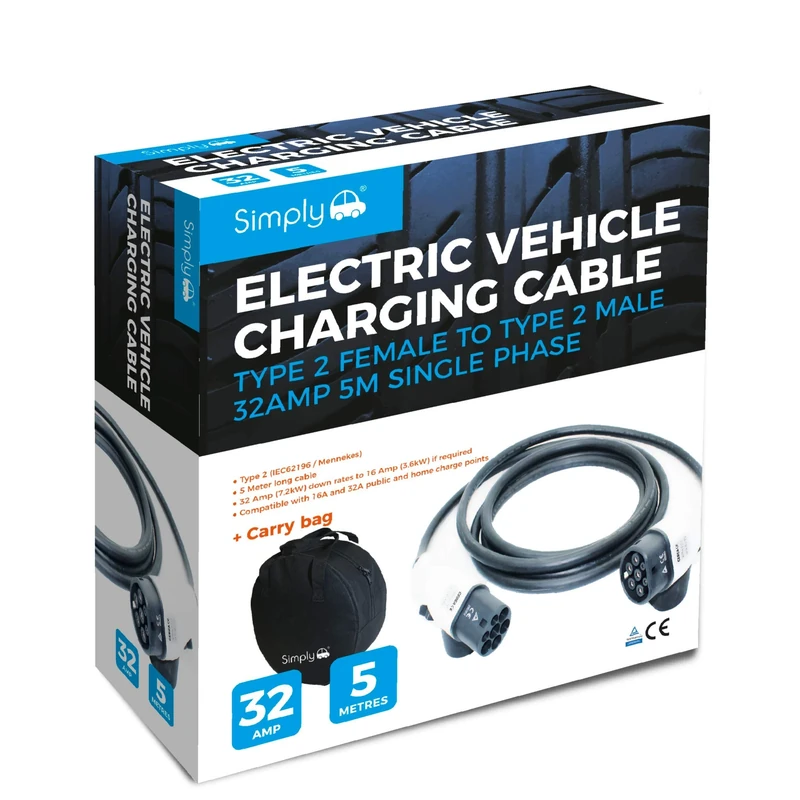 Simply Auto EV004 Electric Vehicle Fast-Charging, Lightweight, Durable and Flexible Cable - Type 2 to Type 2-32AMP - 5m - Single phase compatible with Audi, BMW, Hyundai, Jaguar - Image 1