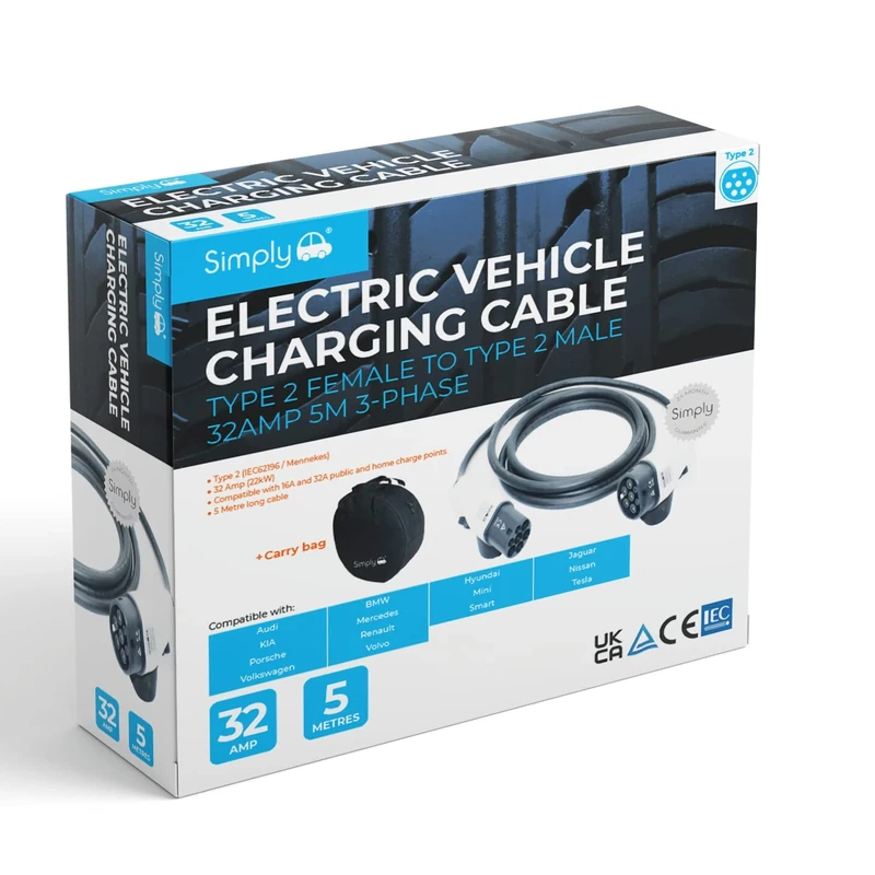 Simply Auto EV005 Electric Vehicle Fast-Charging, Lightweight, Durable and Flexible Cable - Type 2 to Type - 32AMP - 5M - 3 Phase, compatible with Porsche, Mercedes, BMW, Tesla
