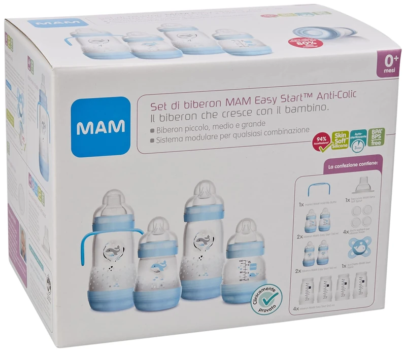 Mam Easy Start Anti-Colic Baby Bottle, 8 Bottles in 130 ml, 160 ml and 260 ml Sizes, 1 Start Nano, 4 Sealant Discs, 1 Extra Soft Grip Spout, Assorted Colour, 7-30 g