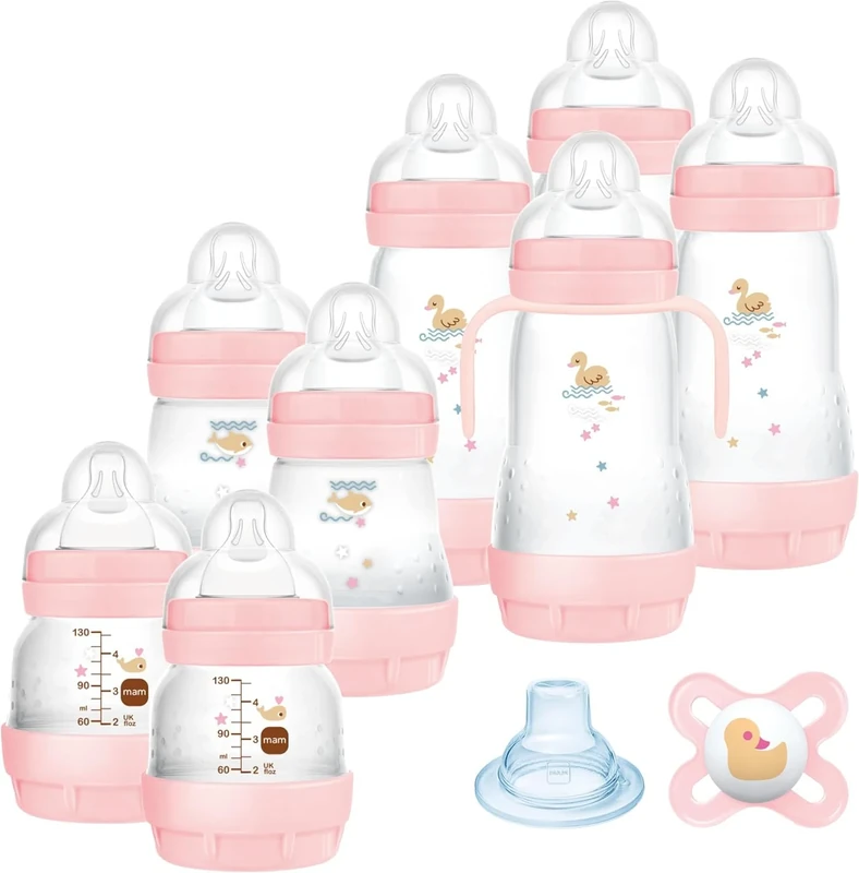 MAM Easy Start Anti-Colic Bottle Set, 8 Bottles in 130 ml, 160 ml and 260 ml Sizes, 1 x Start Nanò Dummy, 4 x Sealing Disks, 1 x Extra Soft Spout and Handles, 730 g, Pink