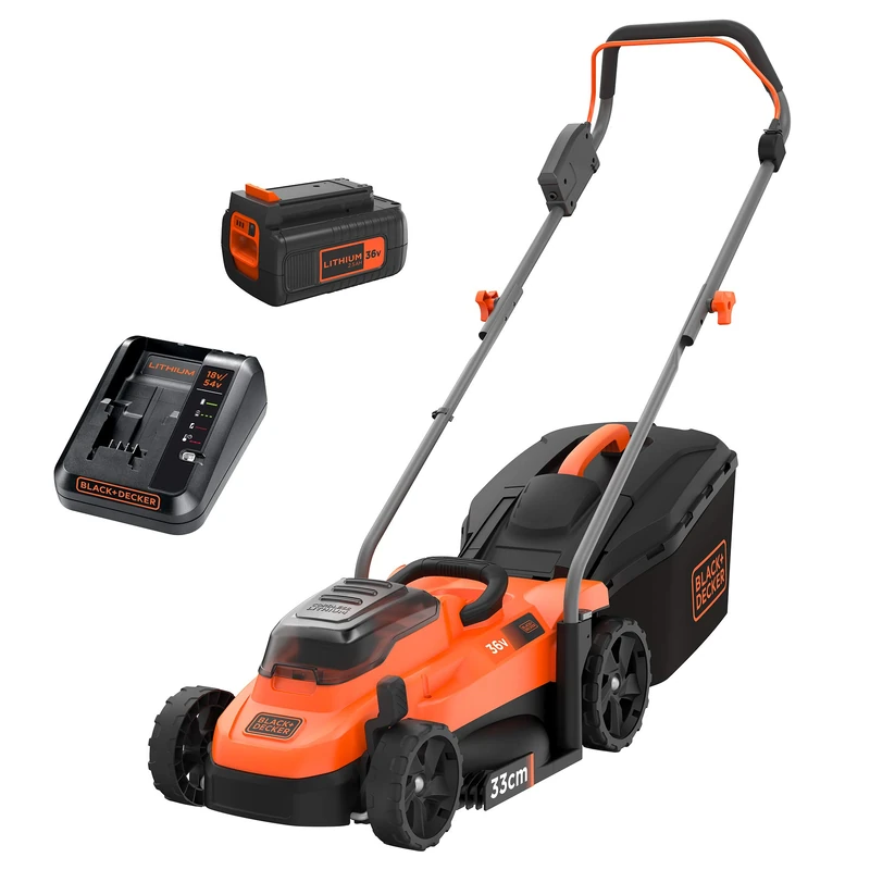 Black+Decker BCMW3336L1 Cordless Lawnmower (36 V, 2.5 Ah, 33 cm Cutting Width, for Medium Lawns up to 250 m², 5 Height Adjustment, Includes 1 Battery, Charger, 35 L Collection Basket), Orange/Black