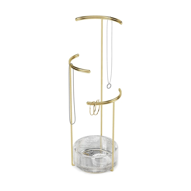 Umbra Tesora Jewelry Stand, Necklace and Earring Holder, Accessory Organizer Display with Glass Dish, Brass