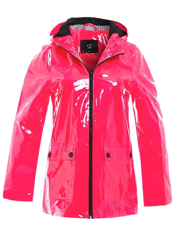 SS7 Womens Neon Pink Vinyl Patent Raincoat - Waterproof Mac - Image 1