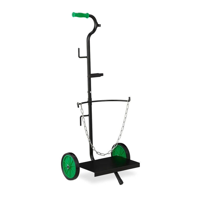 Relaxdays Gas Cylinder Dolly, 5 & 11 kg Propane Tank Hand Cart, Butane Bottle Trolley, Rubber Wheels, Steel, Black/Green - Image 1