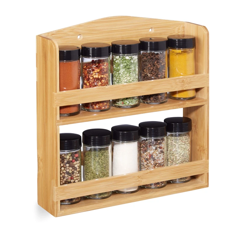 Relaxdays Spice Rack, 10 Herb Jars with Shaker Inserts & Screw Caps, Standing & Hanging, Bamboo, Natural