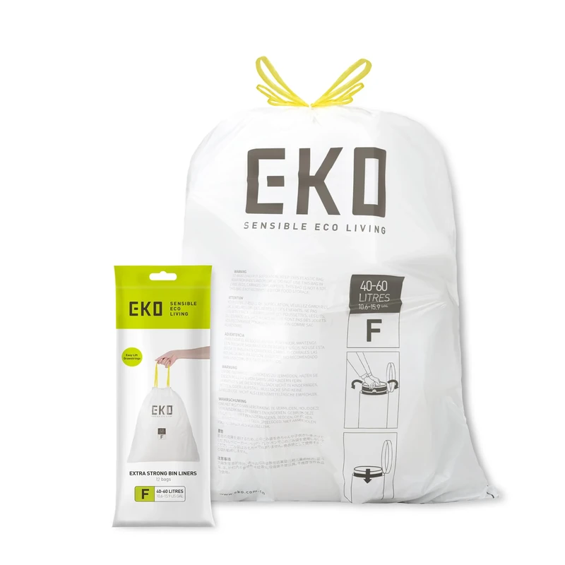 EKO 40-60 Litre Drawstring Bin Bags, Heavy Duty Kitchen Bin Liners for Pedal Bins, Leakproof and Tear-Resistant for Waste & Recycling, Unscented Food Waste Bags, 12 Count, Code F, White - Image 1