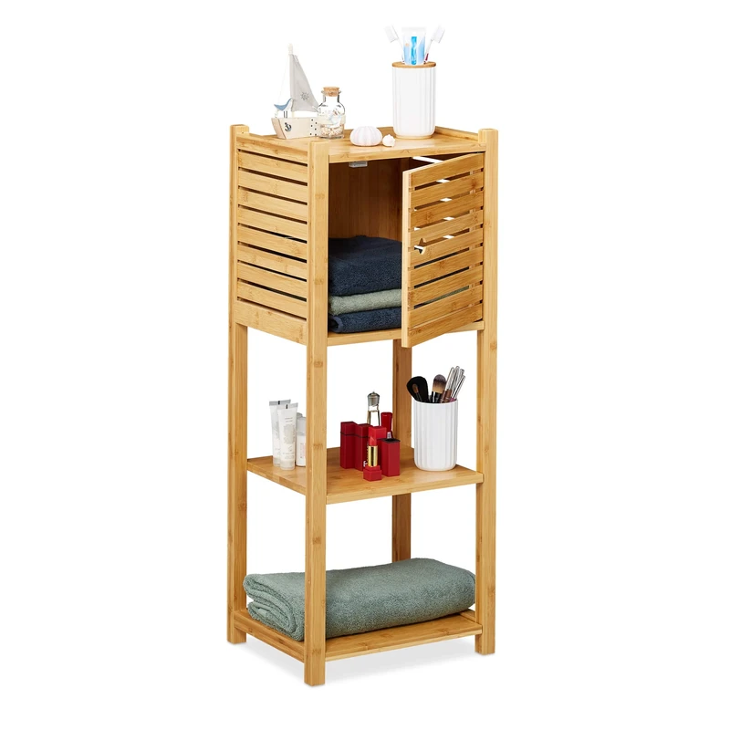 Relaxdays Bamboo Bathroom Cabinet, 3 Shelves,1 Cupboard with Door, Kitchen Storage Unit, HWD: 87.5 x 35 x 29 cm, Natural, MDF Boards, One Item, 10028831
