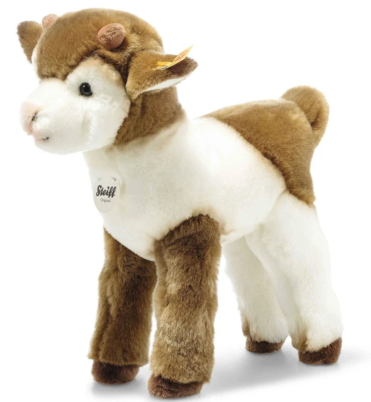Steiff Zenzi goat, plush toy, 27 cm, farm plush goat, standing cuddly toy for children, cuddly toy for playing and cuddling, original soft toy with button in the ear, washable, brown/white (073861)