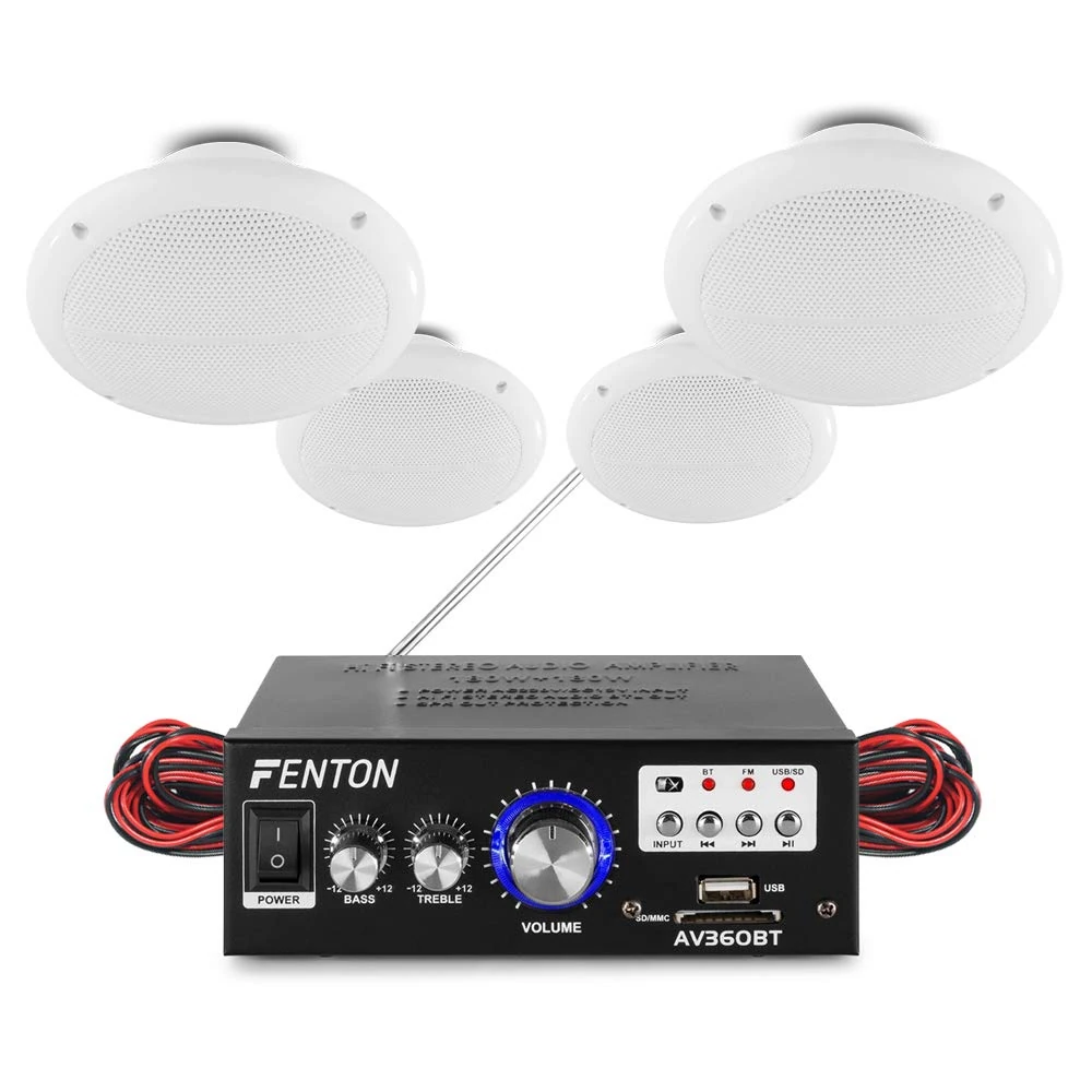 eAudio Bluetooth Ceiling Speaker System with Amplifier FM Radio and MP3 USB for Home Hi-Fi Cafe Restaurant Shop Installation (Four Speakers)