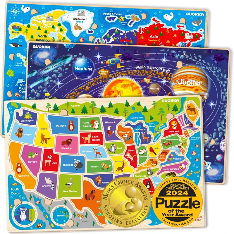 100 Piece Jigsaw Puzzles for Kids 3 4 5 Year Olds - Set of 3 Floor Puzzle to Learn World Map of Europe and Space - Educational Toys for Boys and Girls Age 6 7 8 - Present Game for Children 5-8 yo