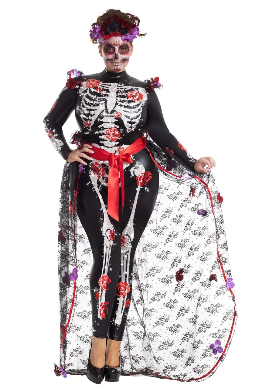 Party King PK2053XL Women's Plus Size Rosas Day of The Dead Costume Skeleton Adult, Black, 2X