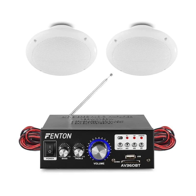 eAudio Bluetooth Ceiling Speaker System with Waterproof 5" Speakers, Stereo Amplifier with FM Radio, MP3 USB & Wireless Audio Streaming – Home, Kitchen, Bathroom & Cafe Installation Kit (Pair)