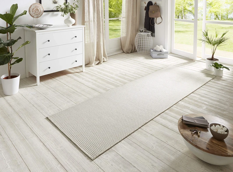 BT Carpet Nature Runner Indoor and Outdoor Loop Kitchen Runner Non-Slip Flat Weave Short Pile Wool Look Fineloop Kitchen Rug for Hallway Kitchen Garden Patio Bathroom Ivory 80 x 350 cm
