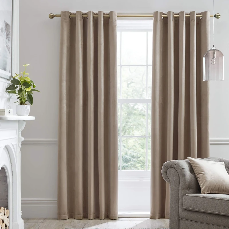 Laurence Llewelyn-Bowen Montrose Brown Beige Blackout, W90 x L72 (229 x 183cm), Cream Velvet Living Room & Bedroom, Taupe Thermal/Eyelet Curtains, Polyester