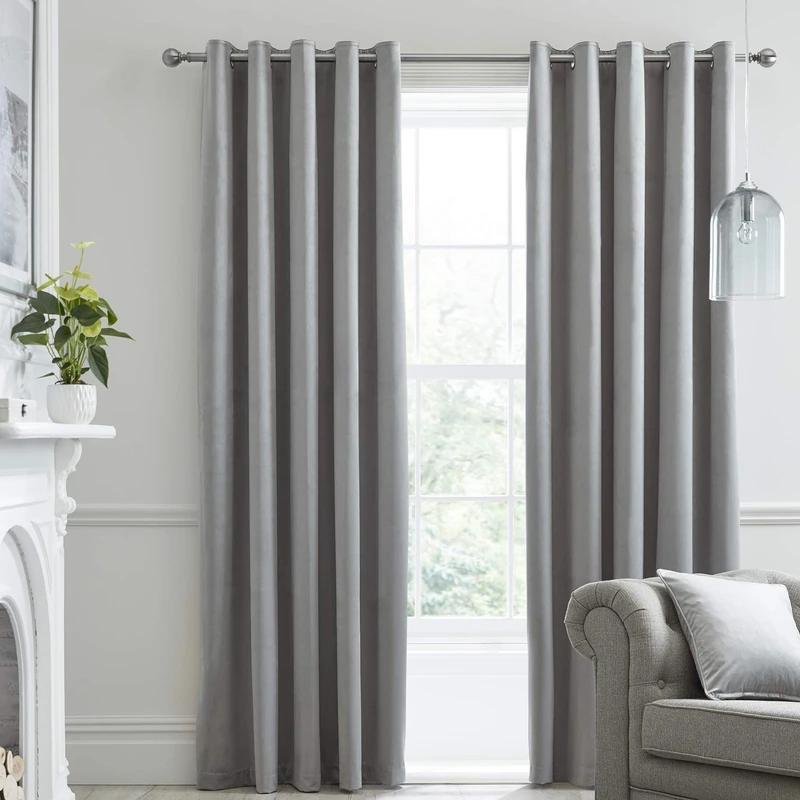 Laurence Llewelyn-Bowen Montrose Blackout, W46 x L72 (117 x 183cm), Velvet Living Room & Bedroom, Thermal/Eyelet Curtains, Suede, Silver/Light Grey