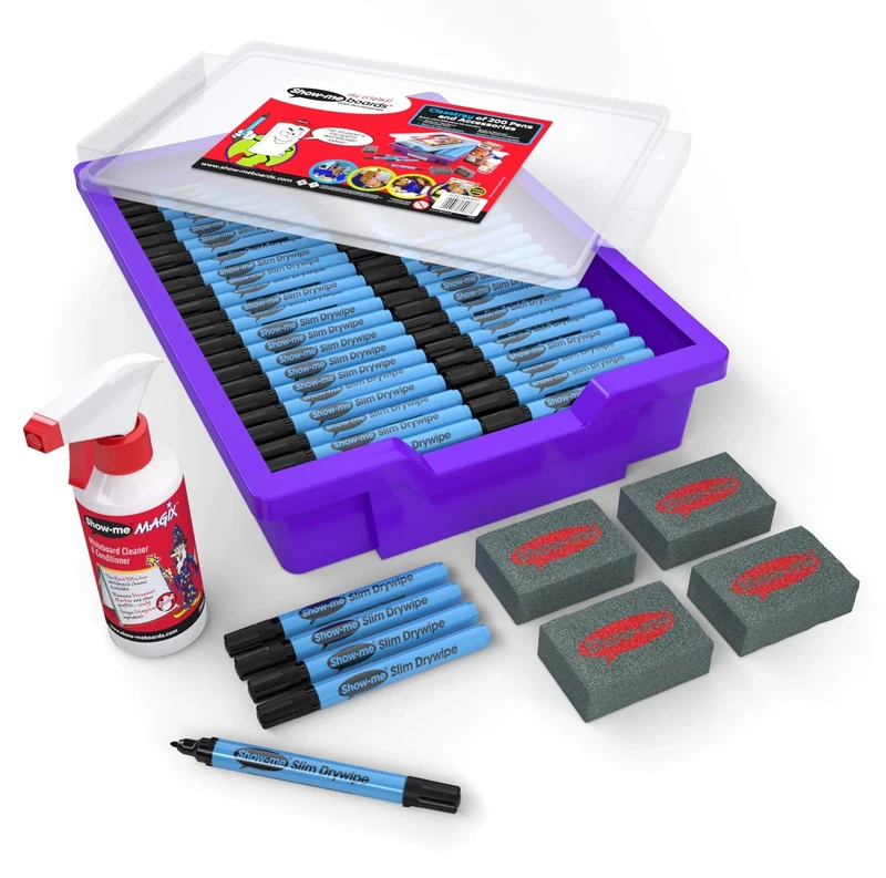 Show-me Black Drywipe Whiteboard Pens, Fine Tip, 200 Pens in a Storage Tray