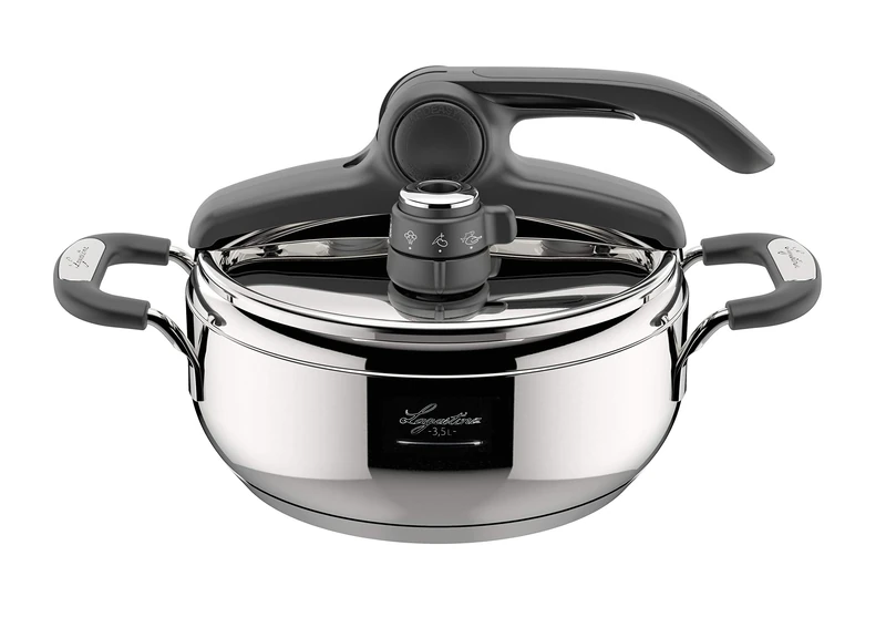 Lagostina Briosa LagoeasyUp 18/10 Stainless Steel Easy Opening Pressure Pot with Lagofusion Base and Two Pressure Valve for Induction and Gas - 3.5 L Capacity
