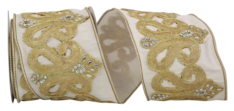 Reliant Ribbon 93441W-810-10D Dupoine Regal Jewel Scroll Trim Embroidery Wired Edge Ribbon, 4 Inch X 5 Yards, Ivory