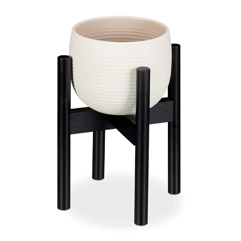 Relaxdays Bamboo Plant Stand, Adjustable, Flower Pots max. 32 cm, Pot Support, H: 35.5 cm, Black