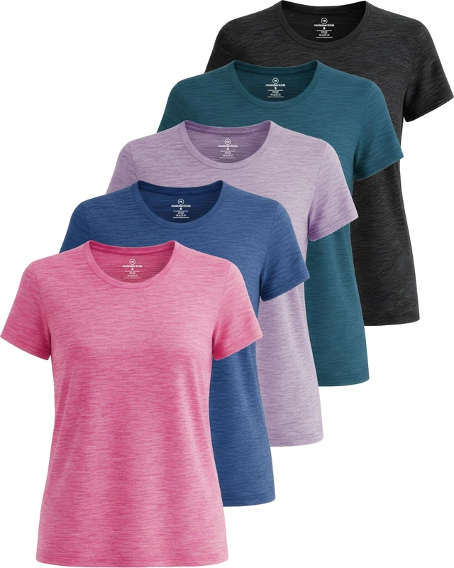 5 Pack: Womens Quick Dry Fit Dri Fit Active Wear Yoga Workout Athletic Tops Essentials Clothes Running Gym Zumba Exercise Ladies Short Sleeve Crew Scoop Neck Moisture Wicking Tees T-Shirt - Set 7,L